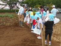 管理組合員が平川保育所の園児達にじゃがいもの掘り方を説明している様子の写真
