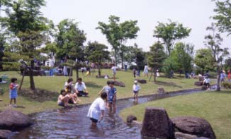 池からのせせらぎで遊ぶこどもたちの写真