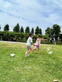 子ども達がシャボン玉で遊んでいる写真