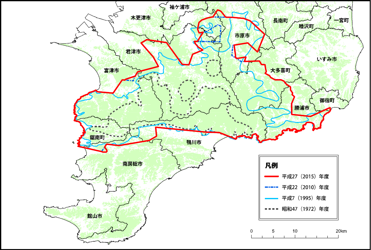 ニホニホンザル群れ分布域の推移 （第４次千葉県第二種特定鳥獣管理計画（ニホンザル）より引用）