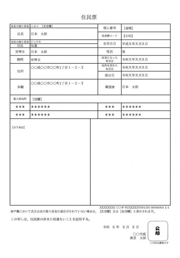 住民票のサンプル