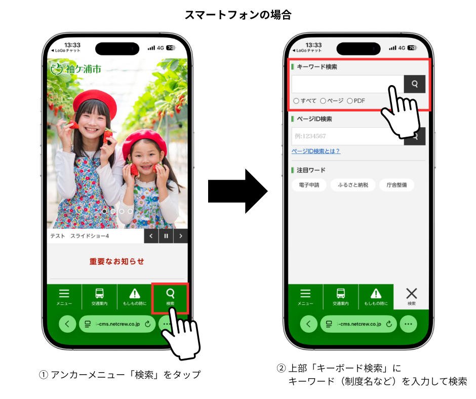 スマートフォンでのサイト内検索